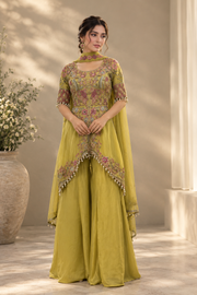 Chartreuse jewel embroidered peplum top with palazzo trousers
