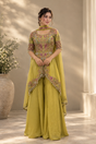 Chartreuse jewel embroidered peplum top with palazzo trousers