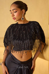 Luxe Black Beaded Fringe Blouse with Satin Drape Skirt | Label S4U
