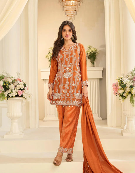 Royal Rust Gold Embroidered Kurta Pant Set - MishUUU