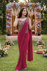 Fuchsia Jewel Pre-Draped Saree Set