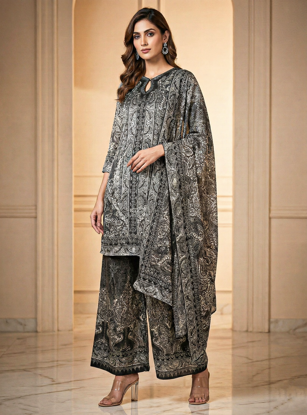 Charcoal Grey Printed Palazzo Suit Set
