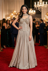 Taupe Embroidered Evening Gown Set