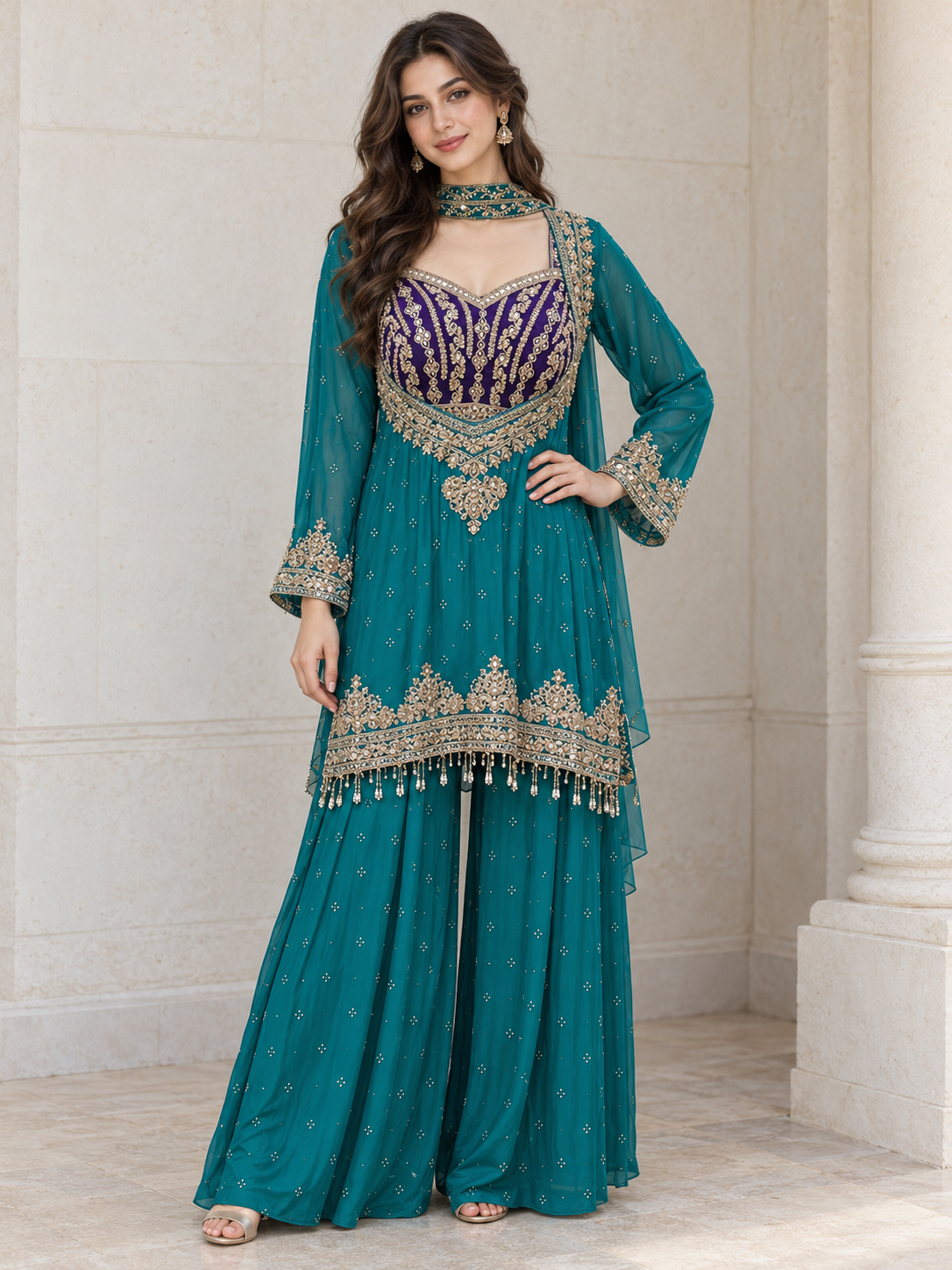 Teal Purple Jewel Tassel Kurta Palazzo Set
