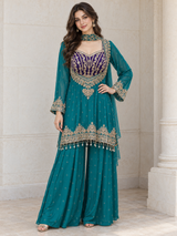 Teal Purple Jewel Tassel Kurta Palazzo Set