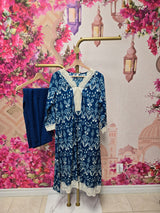 Navy Blue Printed Suit with Lace Borders