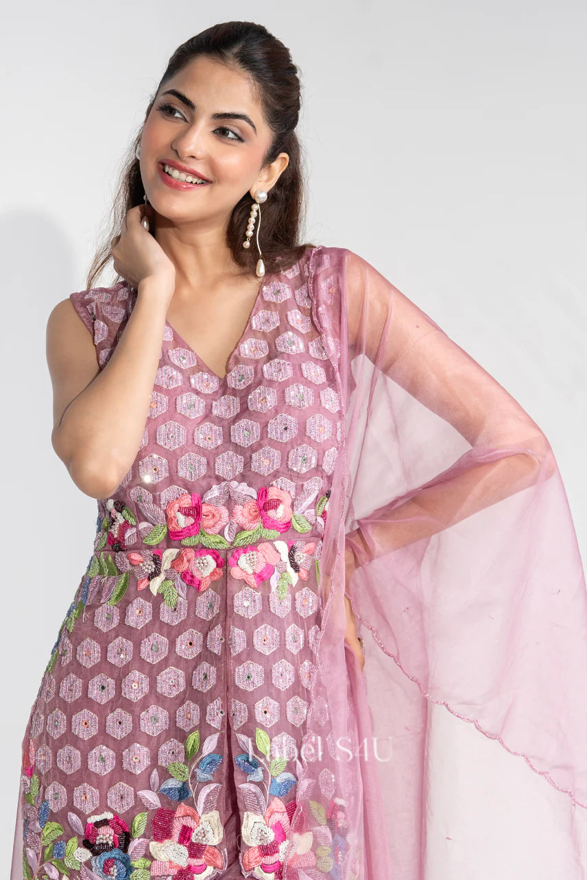 Mauve Hand-Crafted Gown with Floral Waistcoat | Label S4U