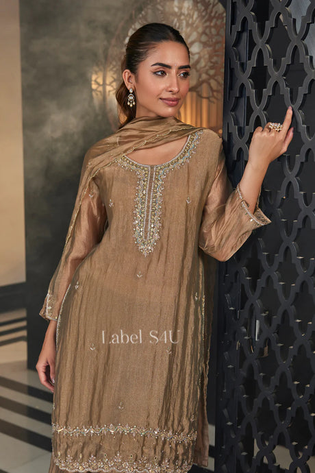 Golden Brown Palazzo Suit with Handcrafted Work |Label S4U
