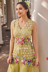 Lemon Green Hand-Crafted Gown with Floral Waistcoat | Label S4U