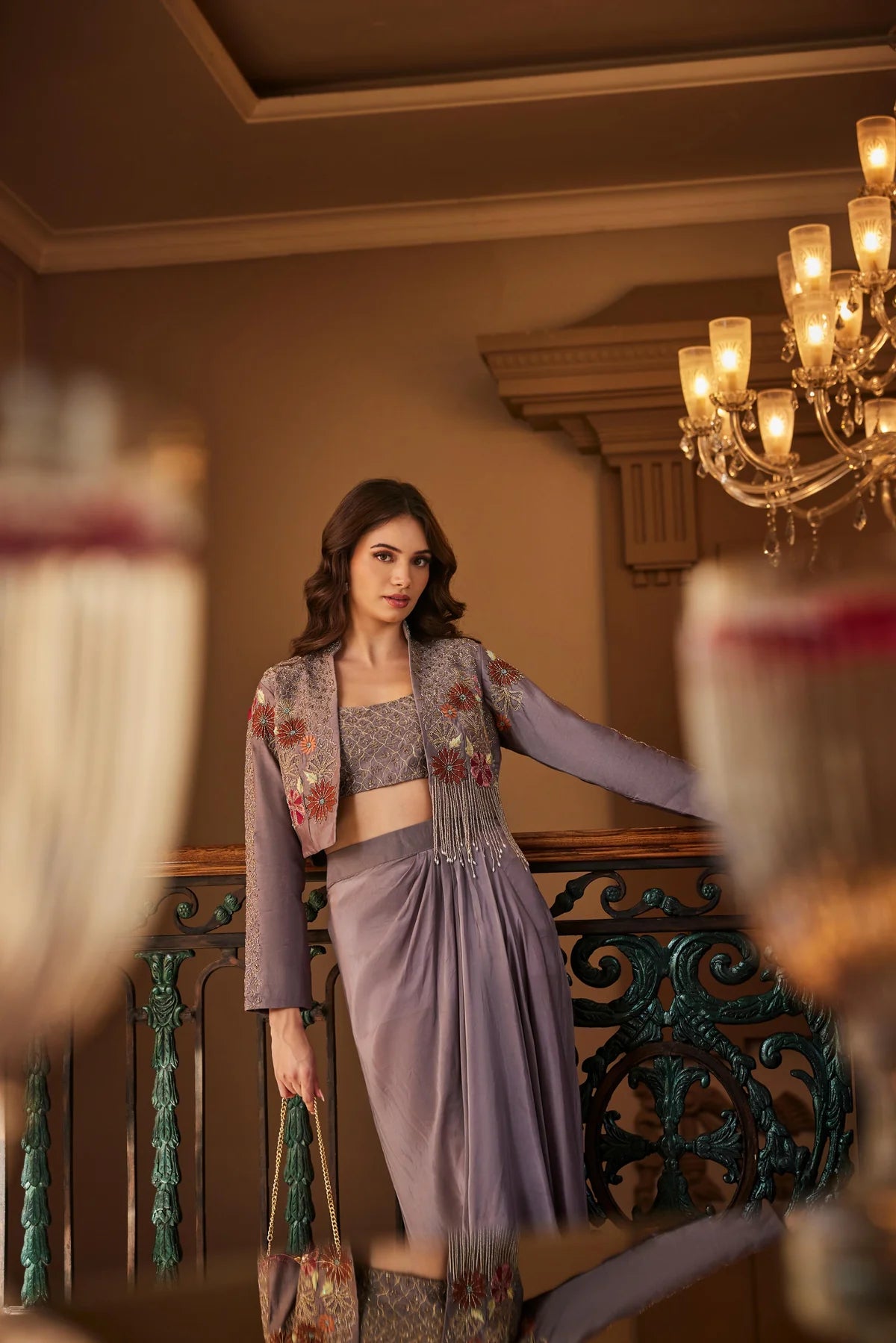 Lilac Indo-Western Saree Set with Embellished Jacket |Label S4U