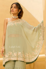 Sage Green One-Shoulder Handcrafted Sharara Set | Label S4U