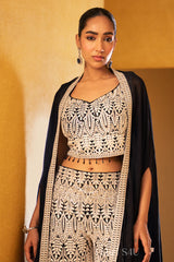 Black & Beige Handcrafted Palazzo Cape Set | Label S4U