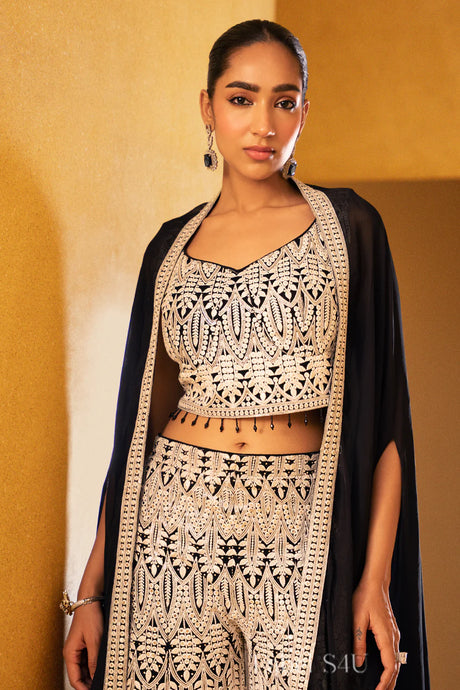 Black & Beige Handcrafted Palazzo Cape Set | Label S4U