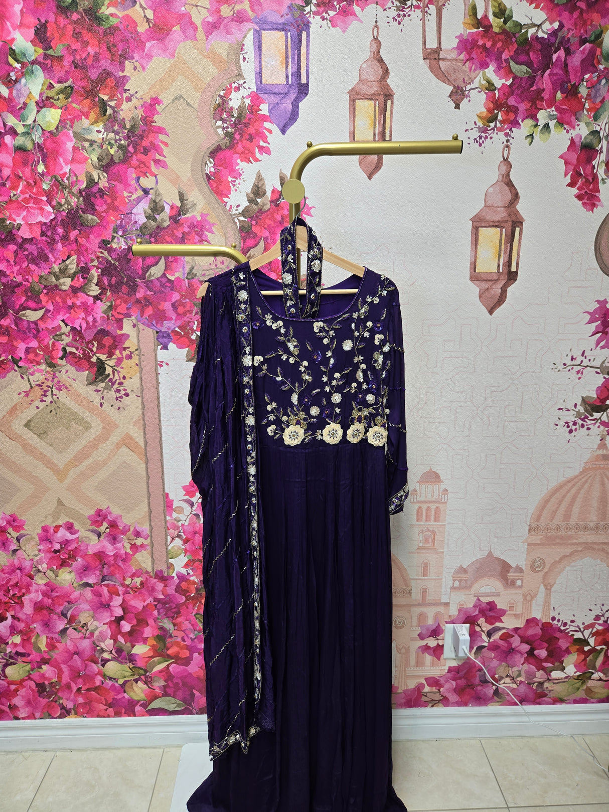 Deep Purple Anarkali Suit with Dupatta sleeves