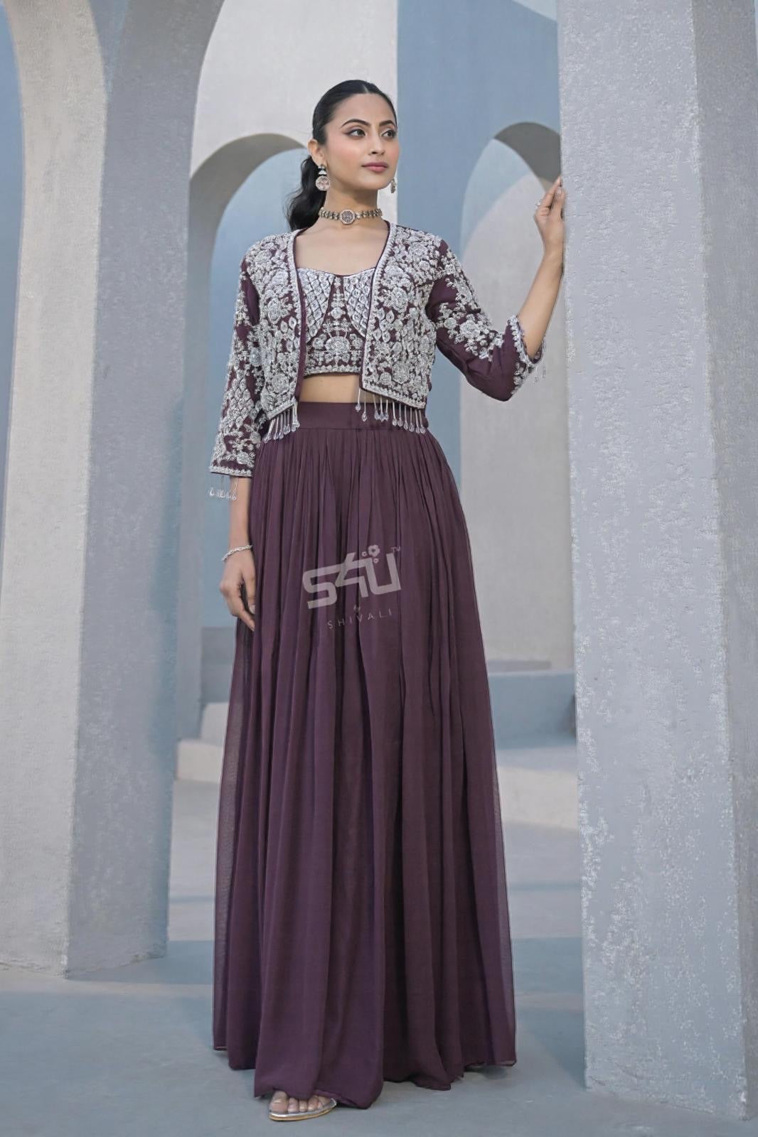 Wine Lehenga with Embellished Jacket