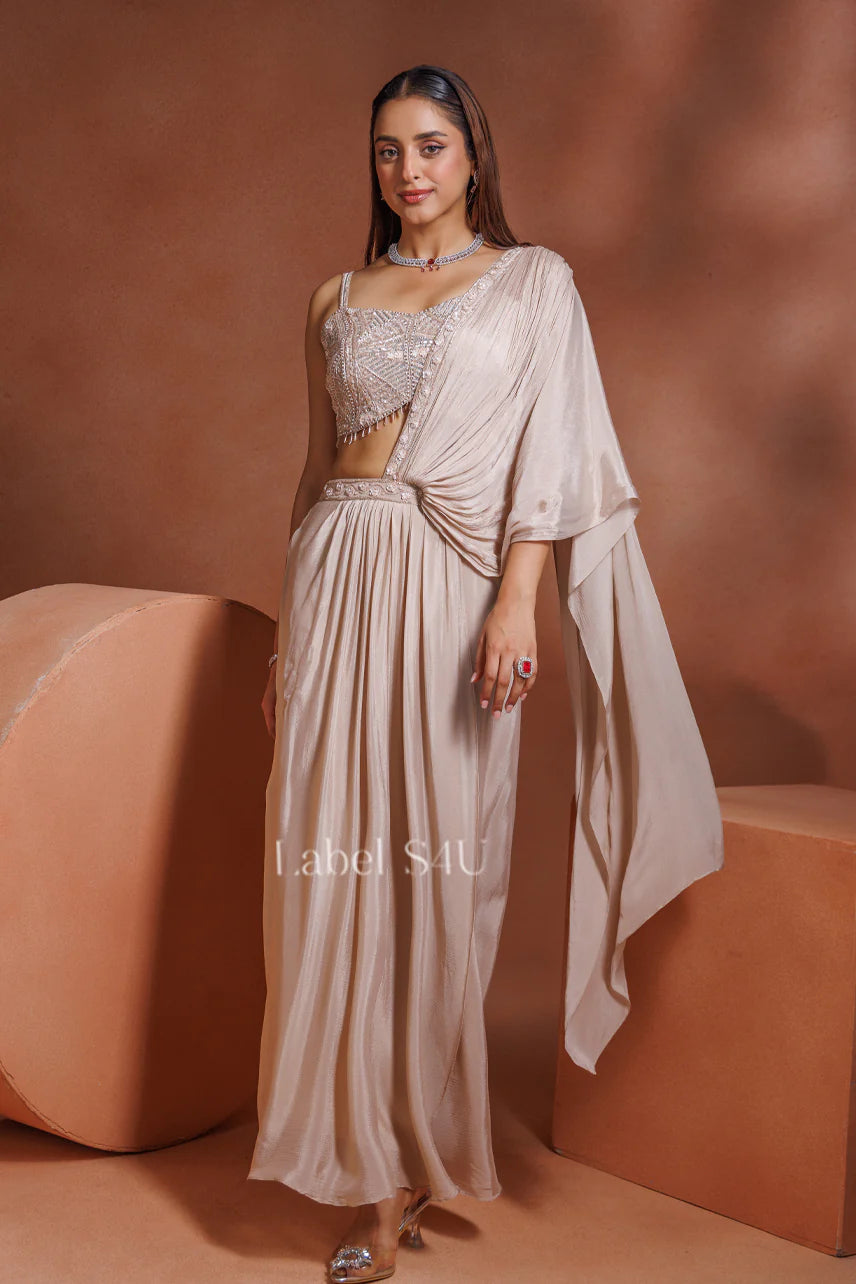Champagne Drape Saree with Handcrafted Blouse |Label S4U