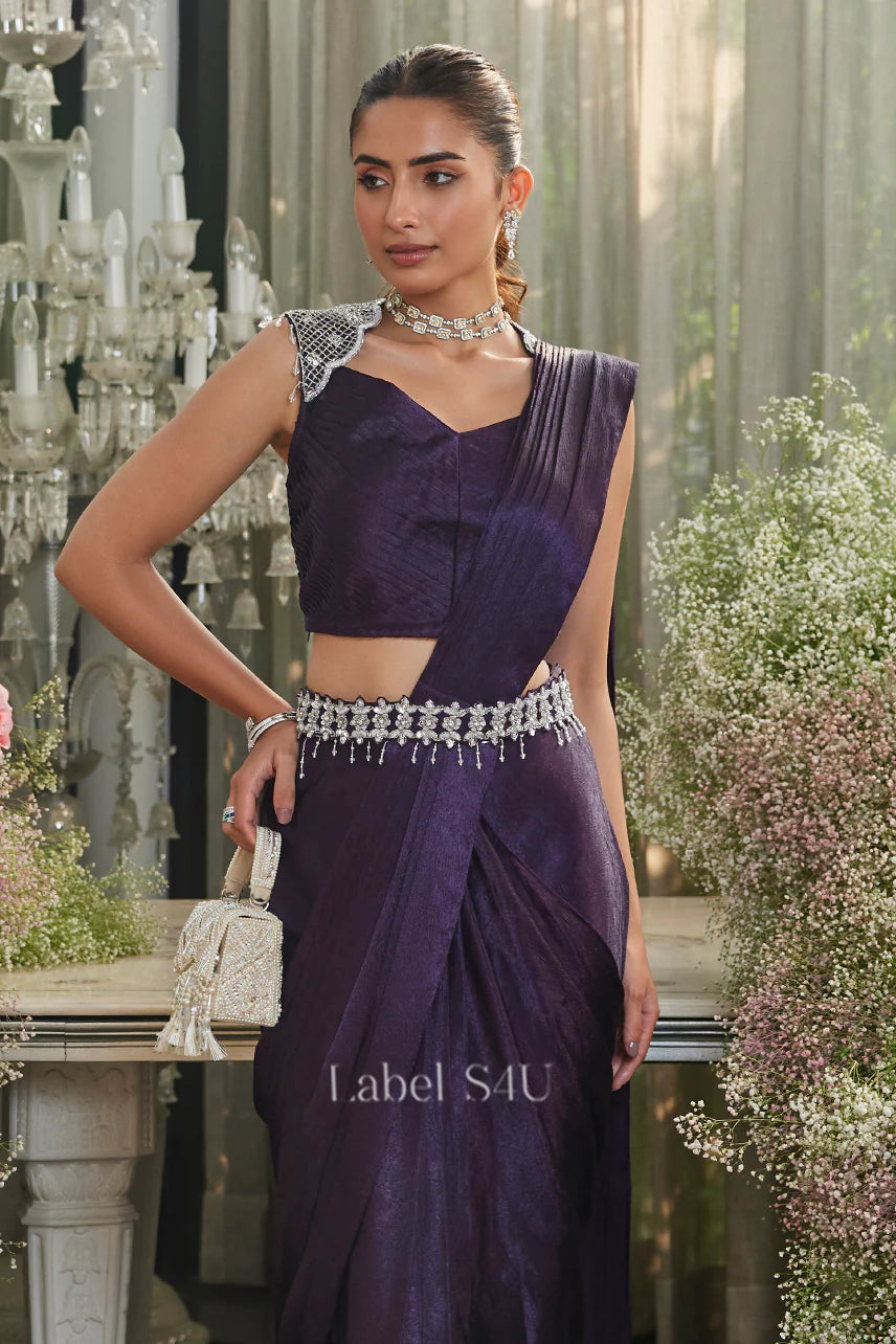 Royal Purple Drape Saree with Handcrafted Belt & Blouse | Label S4U
