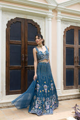 Peacock Teal Whimsical Embroidered Lehenga Ensemble