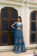 Peacock Teal Whimsical Embroidered Lehenga Ensemble