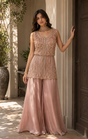 Champagne blush palazzo set with gold embroidery and a sheer dupatta