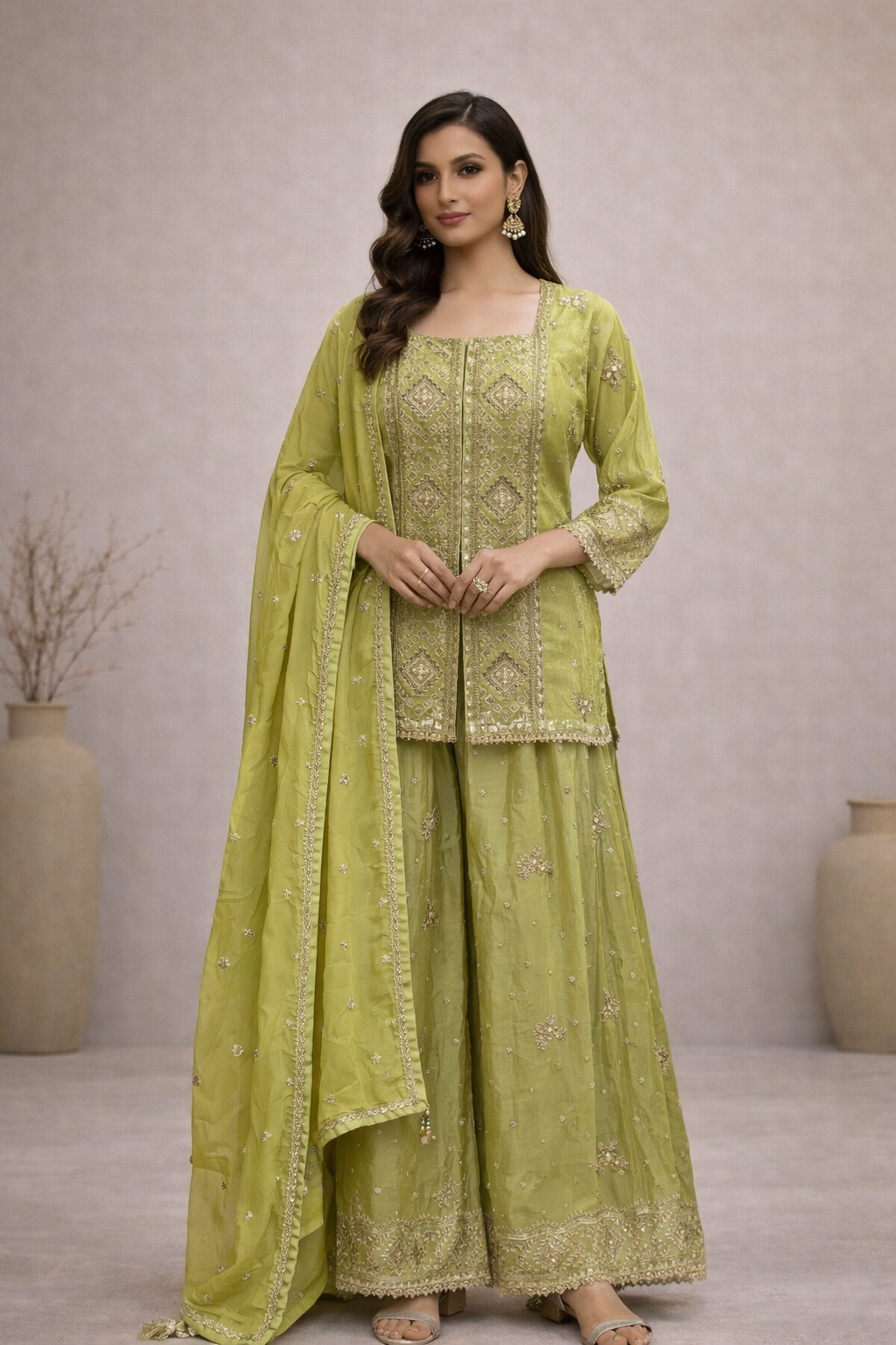 Olive Mirror Embroidered Luxe Sharara Set