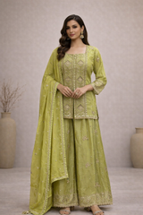 Olive Mirror Embroidered Luxe Sharara Set