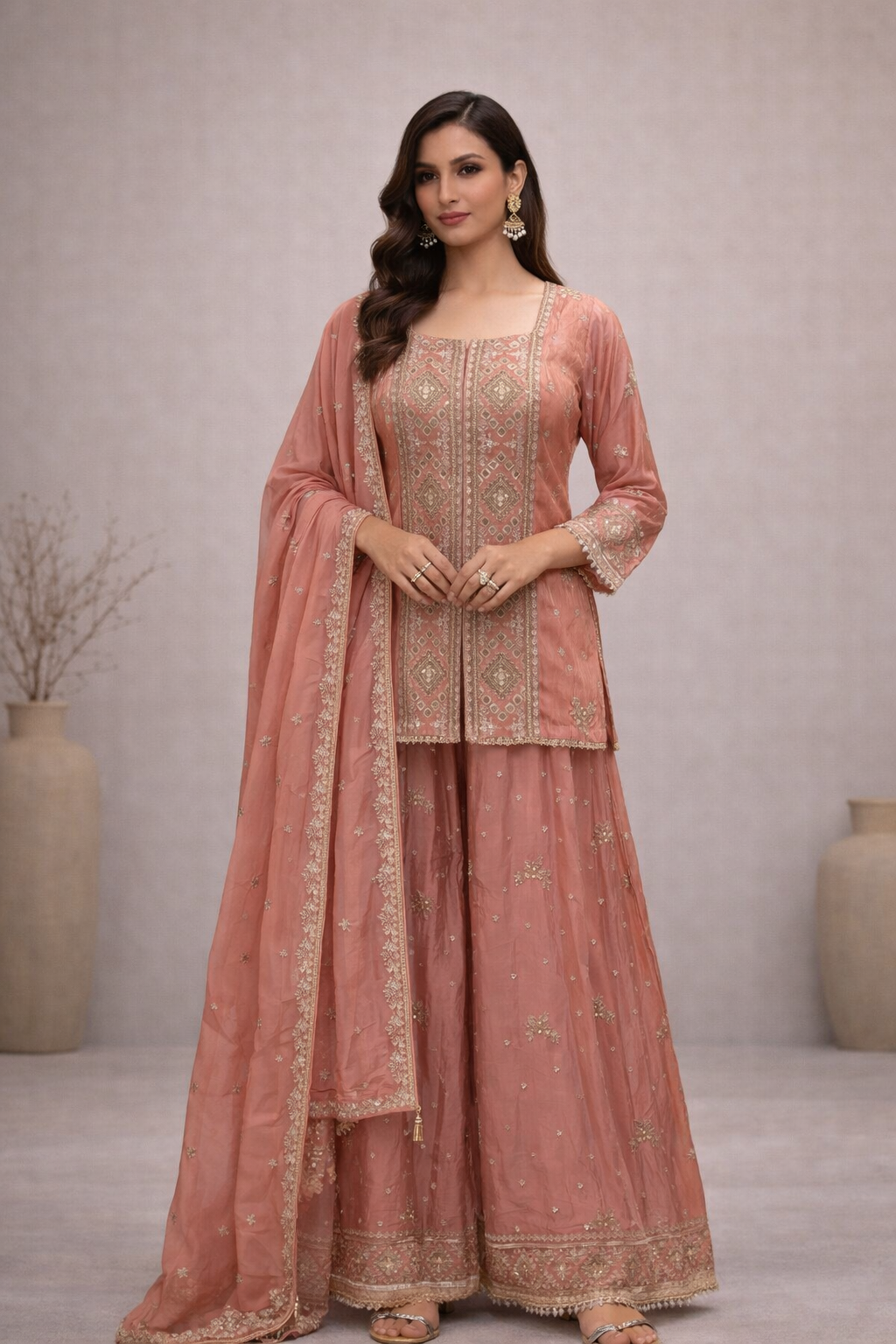 Peach Gold Embroidered Luxe Sharara Set