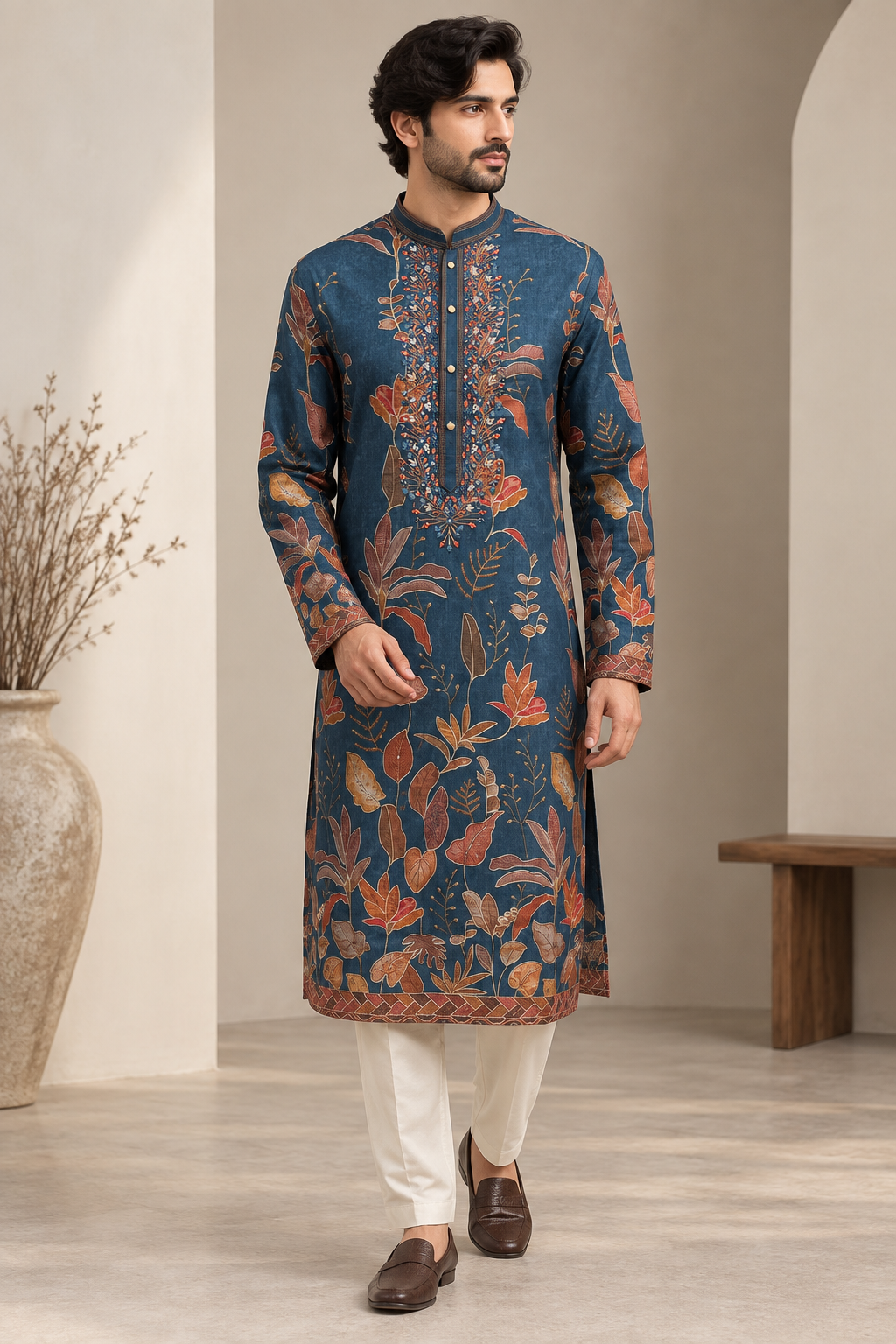 Deep Teal Rust Botanical Men's Kurta Set