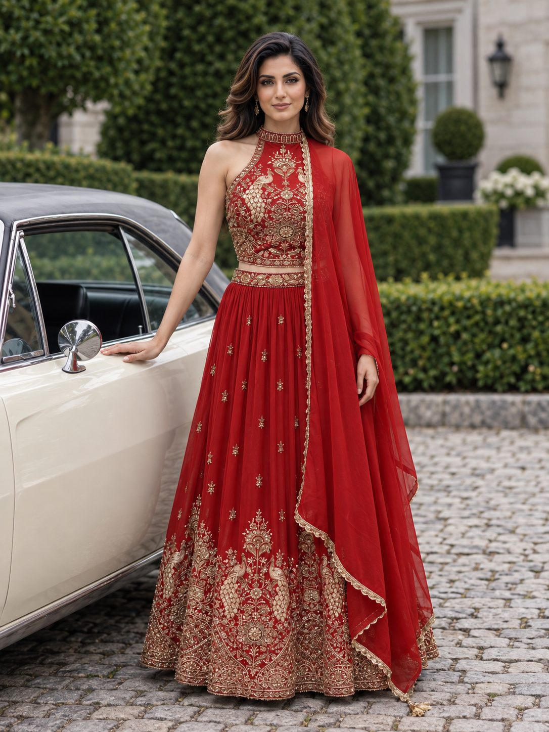 Scarlet Red Gold Zari Lehenga Set