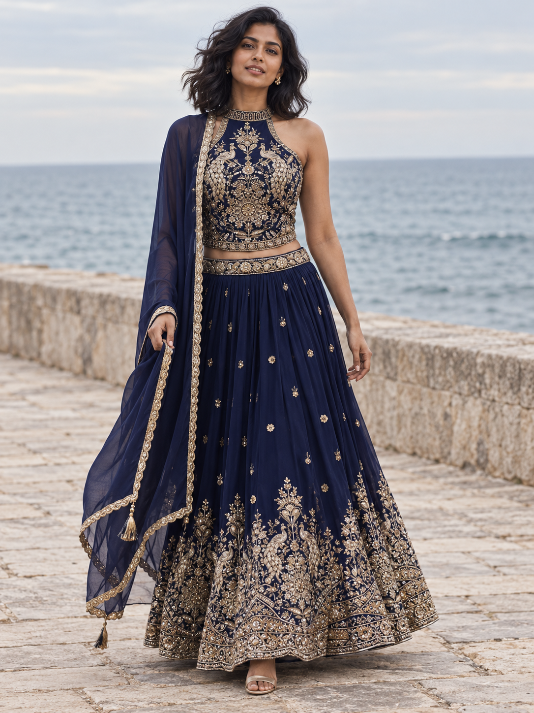 Royal Blue Gold Peacock Zari Lehenga Set