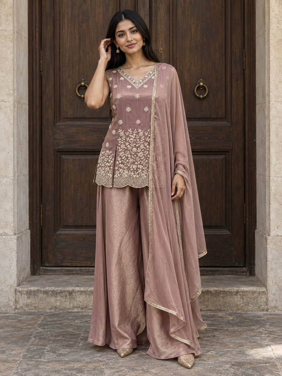 Dusty Mauve Pearl Floral Palazzo Set