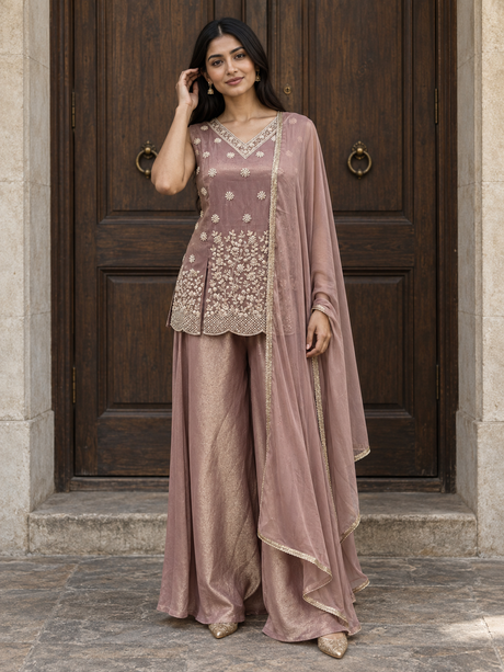 Dusty mauve palazzo set with pearl floral work and a matching dupatta