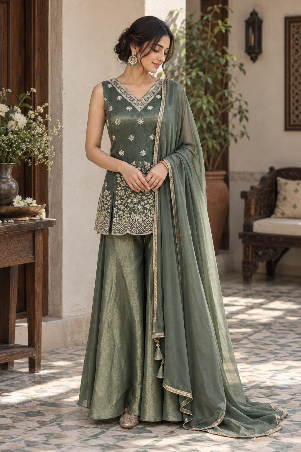 Sage Olive Silver Floral Palazzo Set