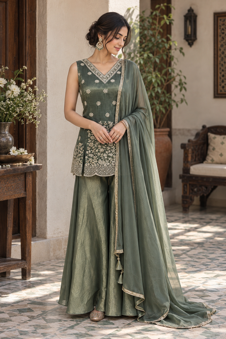 Sage olive palazzo set with silver floral work and a matching dupatta