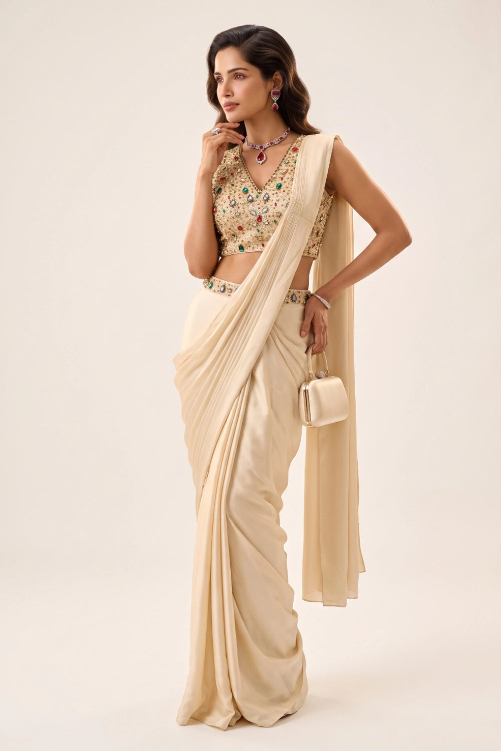 Cream Jewel Satin Pre-Draped Saree Set