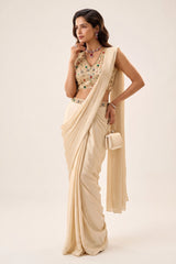 Cream Jewel Satin Pre-Draped Saree Set
