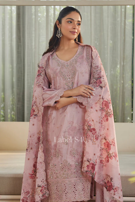 Dusty Rose Floral Kurta Set with Handcrafted Accents |Label S4U