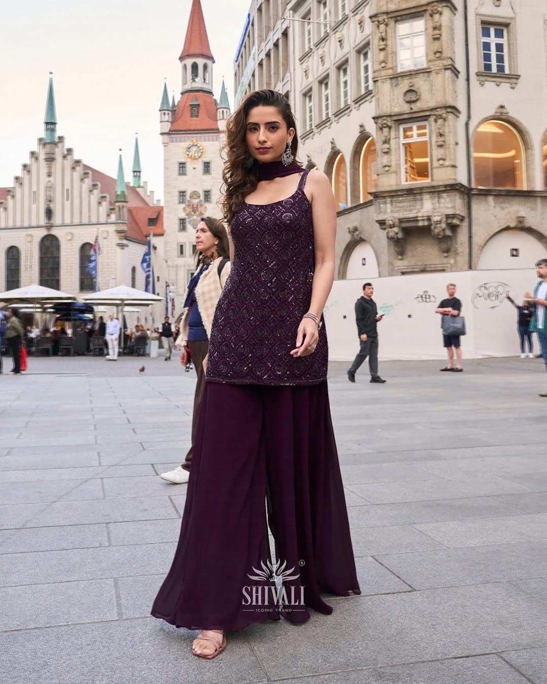 Plum Purple Sharara with Handcrafted Kurti & Dupatta