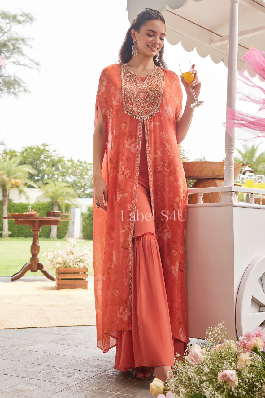Coral Orange Printed Kaftan with Sharara Pants | Label S4U