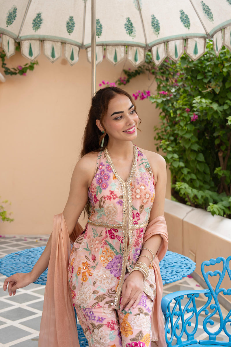 Peach Floral Embroidered Palazzo Set