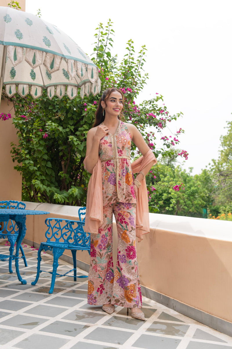 Peach Floral Embroidered Palazzo Set