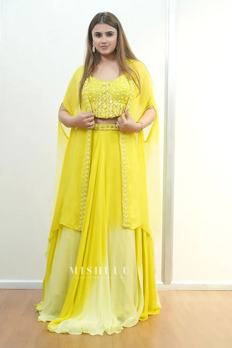Lime Yellow Embellished Cape Lehenga Set - MishUUU