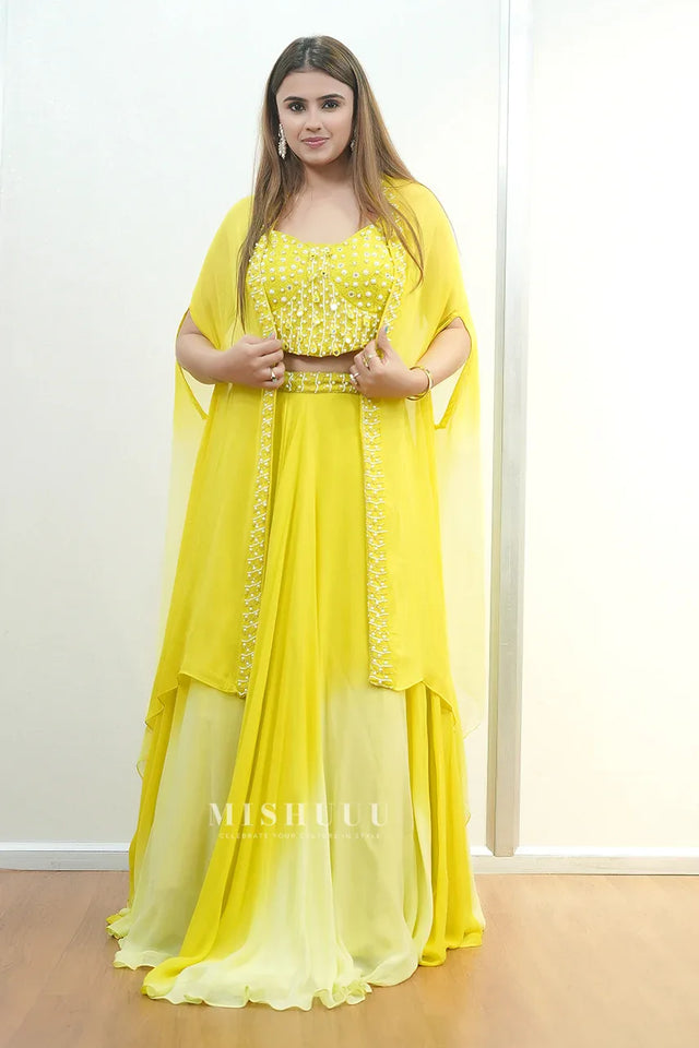 Lime Yellow Embellished Cape Lehenga Set - MishUUU