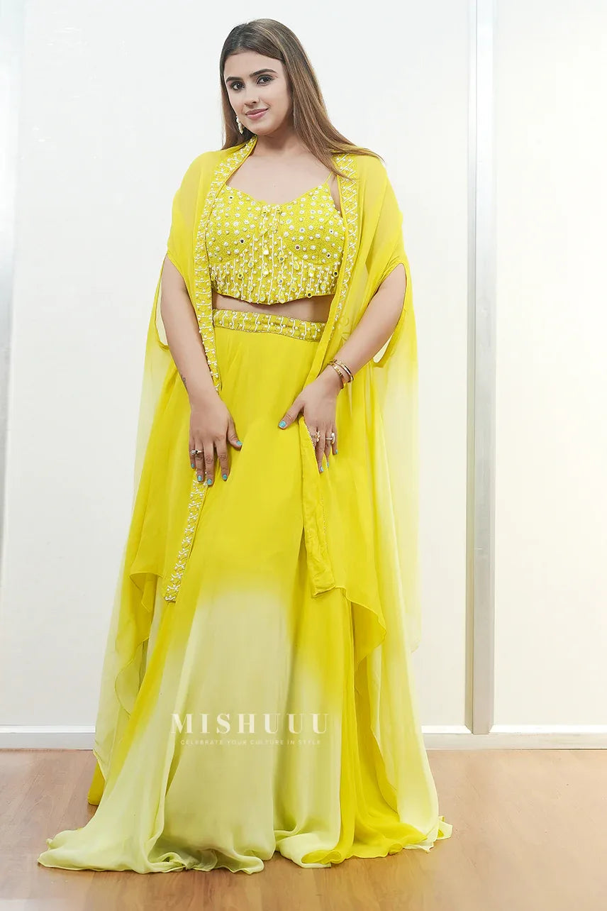 Lime Yellow Embellished Cape Lehenga Set - MishUUU