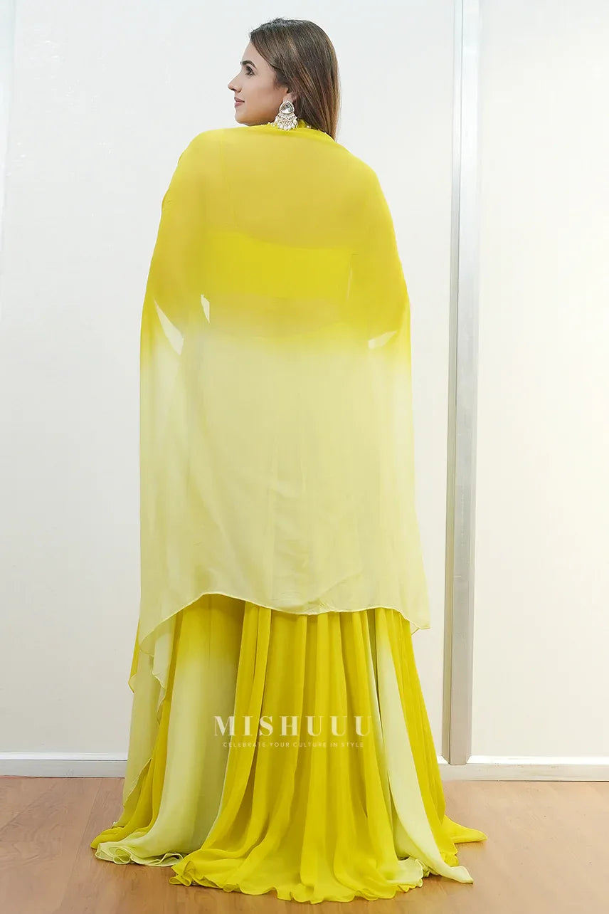 Lime Yellow Embellished Cape Lehenga Set - MishUUU
