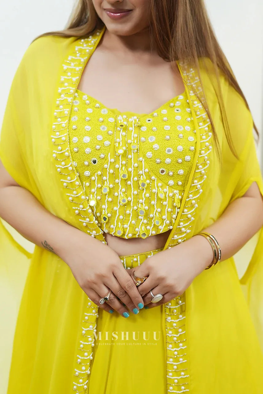 Lime Yellow Embellished Cape Lehenga Set - MishUUU