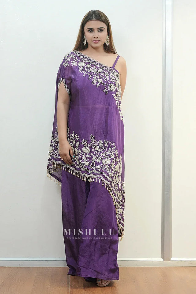 Purple One-Shoulder Embroidered plazo Set - MishUUU
