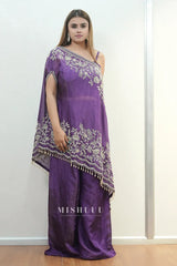 Purple One-Shoulder Embroidered plazo Set - MishUUU