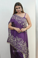 Purple One-Shoulder Embroidered plazo Set - MishUUU