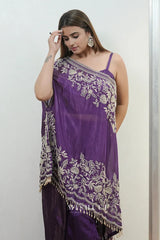 Purple One-Shoulder Embroidered plazo Set - MishUUU